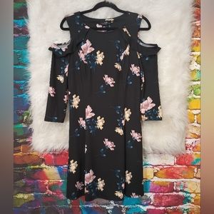AGB Black Floral Cold Shoulder Long Sleeve Dress Size M